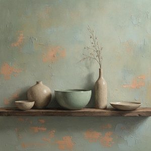 Ceramic Forms In Sage And Ochre On Weathered Wood — Laurent Roche, Soft Minimalism