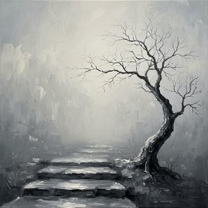 Ethereal Solitude: The Silent Ascent Through Mist And Ancient Stone Shadows — Laurent Garnier, Contemporary Abstraction