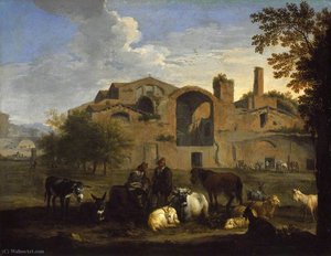 Landscape With Herdsmen And Animals In Front Of The Baths Of Diocletian, Rome — Pieter Van Bloemen, Baroque