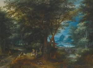 Summer Landscape With A Lady And Gentleman Seated And Sportsmen Returning With Game — डेनीस वैन आल्सलोट