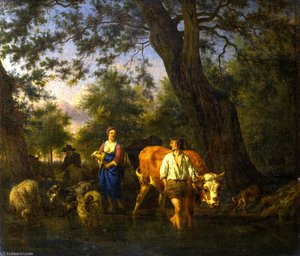 Peasants With Cattle Fording A Stream — Adriaen Van De Velde