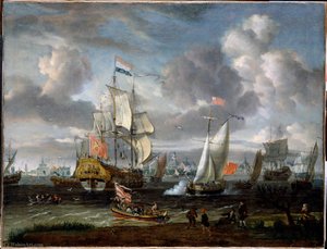 An English Yacht Saluting A Dutch Man-of-war In The Port Of Rotterdam — Abraham Storck, Dutch Golden Age