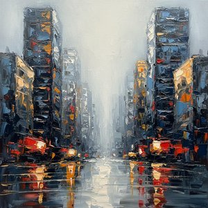 Monolithic Echoes Of An Urban Canyon In Crimson And Slate Blue Impasto — Christian Noiret, Contemporary Abstract