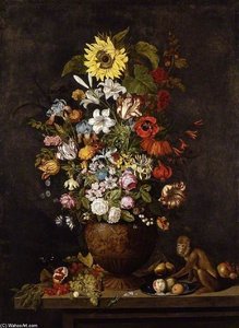 A Vase Of Flowers With A Monkey