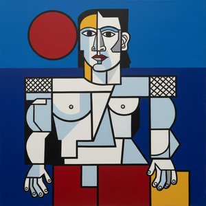 Fragmented Equilibrium In Crimson And Azure — Marc Duvallier, Cubism