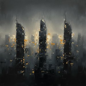 Ombres Monolithiques Dans L'ambre : Une Étude Singulière De La Solitude Urbaine Et De La Lumière — Christian Noiret, Abstrait Contemporain