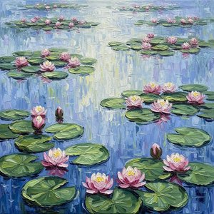 Serene Reflections Of Cerulean Waters And Floating Petals In Impasto Texture — Christian Noiret, Contemporary Abstract