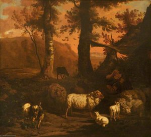 A Landscape With A Shepherd Under An Awning Surrounded By Sheep And A Goat — Dirck Van Den Bergen
