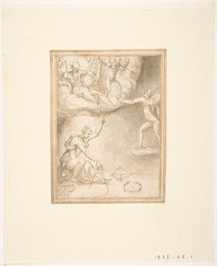 An Allegory. Female Figure with a Compass, God the Father Seated on Clouds, and a Demon