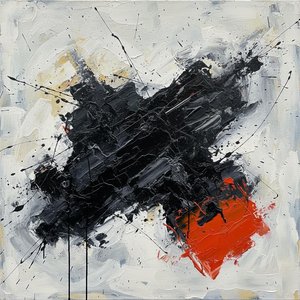 Fragmented Gravity: A Monolithic Study In Obsidian Mass And Radiant Vermilion — Christian Noiret, Contemporary Abstract Painting