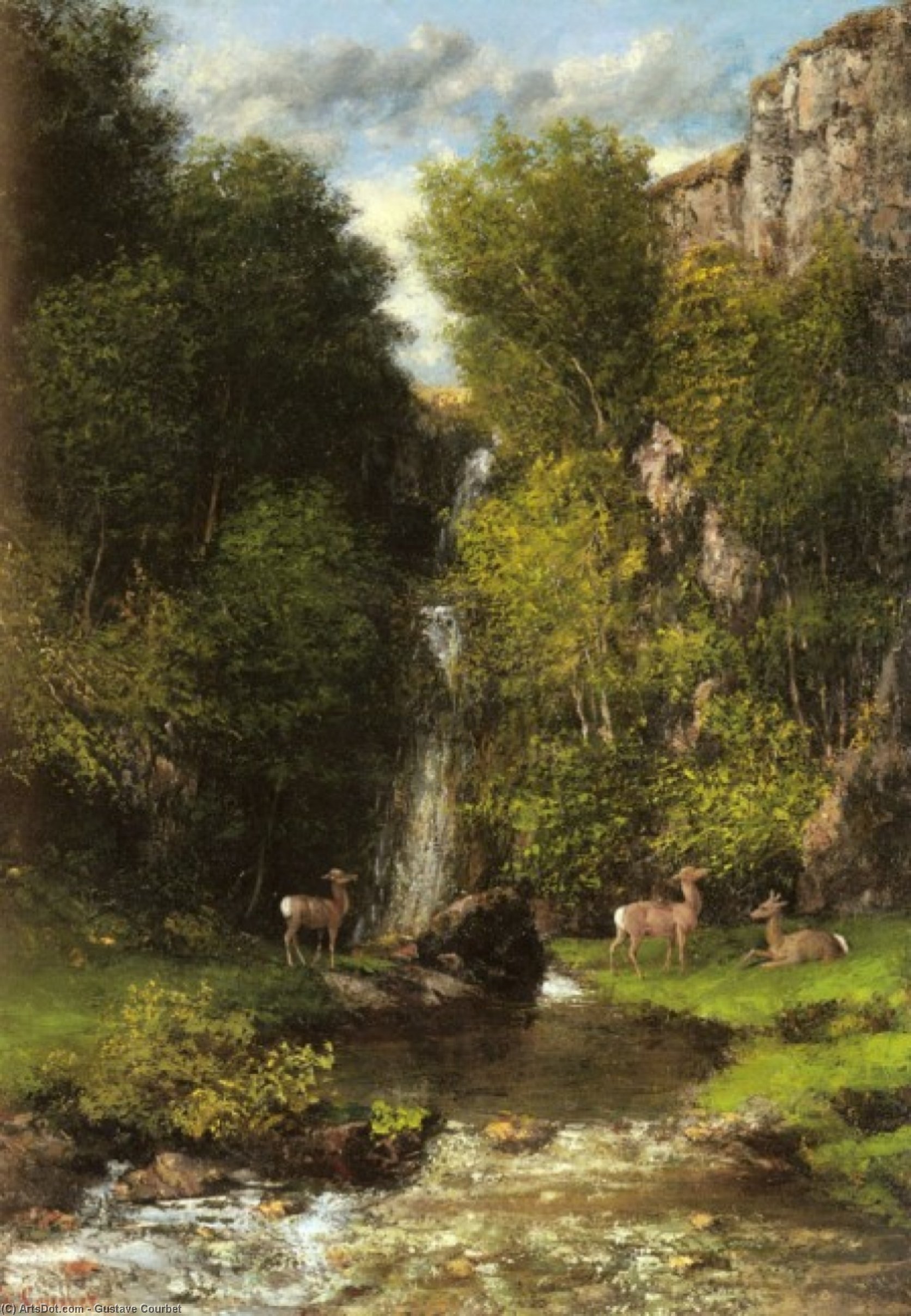 A Family Of Deer In A Landscape With A Waterfall — Courbet