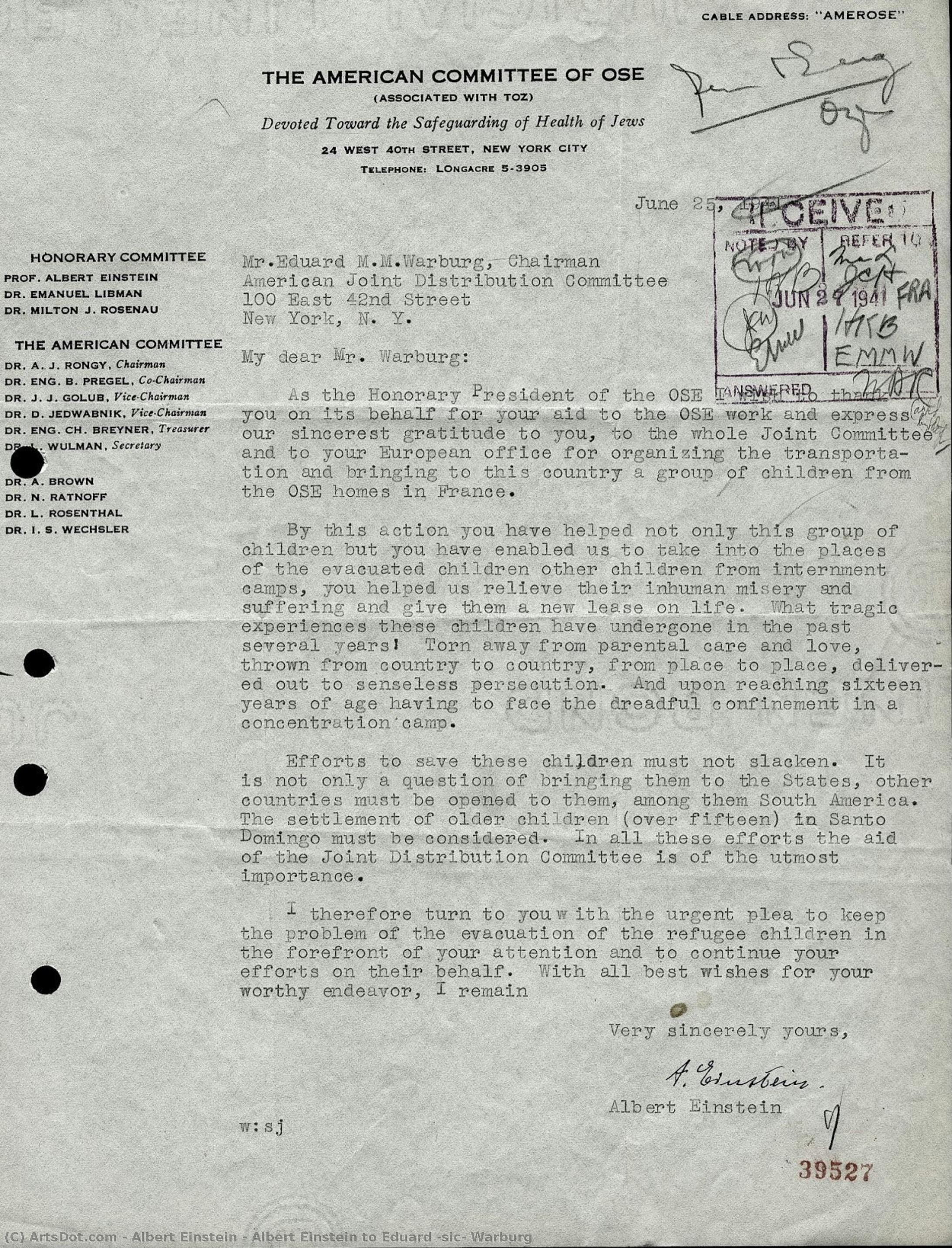 albert einstein, Albert Einstein to Eduard (sic) Warburg