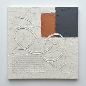 Monolithic Echoes In Terracotta And Charcoal With Sculptural White Relief Strokes