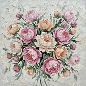 Sculpted Serenity: A Monumental Impasto Study Of Radiant Blush Peonies And Verdant Grace — David Moreau