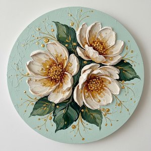 Ethereal Magnolia Bloom In Sculptural Impasto With Radiant Gilded Tendrils And Mint Serenity — David Moreau