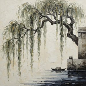 Solitude In Ochre: A Meditative Study Of The Weeping Willow And Silent Waters