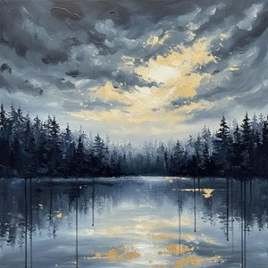 Golden Radiance Amidst The Weight Of Charcoal Skies And Silent Forest Reflections