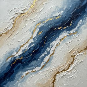 Gilded Tides Of Indigo: A Monumental Study In Sculptural Impasto And Fluid Motion