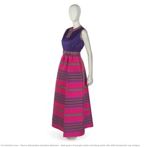 Ball Gown Of Purple Satin And Deep Pink Silk With Horizontal Rep Stripes