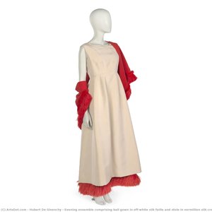 Evening Ensemble Comprising Ball Gown In Off-white Silk Faille And Stole In Vermillion Silk Crepe — Hubert De Givenchy