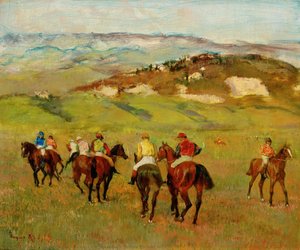 Jockeys On Horseback Before Distant Hills — Edgar Degas