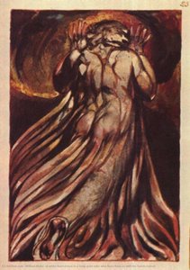 A White Haired Man In A Long, Pale Robe Who Flees From Us With His Hands Raised — William Blake