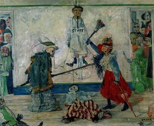 Masks Fighting Over A Hanged Man — James Ensor