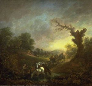 Sunset Carthorses Drinking At A Stream