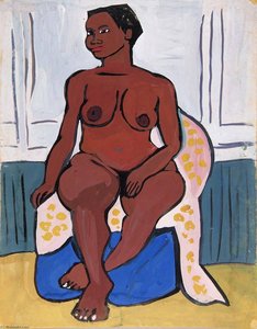 Seated Female Nude On Pink And Yellow Drape — William H. Johnson