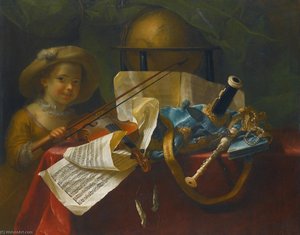 A Still Life Of Pipes, A Globe, An Engraved Musical Score Of A French Overture And A Violin On A Table Draped With A Red Cloth, A Young Girl Looking On — Nicolas Henry Jeaurat De Bertry