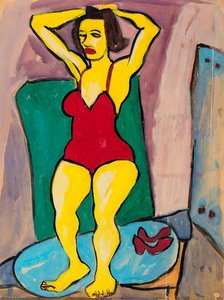 Standing Woman In Red Bathing Suit With Hands On Head — William H. Johnson