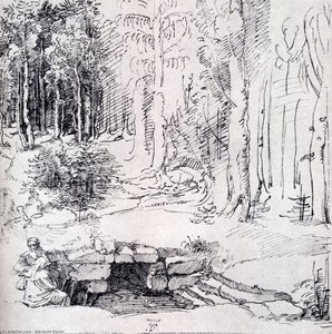 Forest Glade With A Walled Fountain By Which Two Men Are Sitting — Albrecht Dürer