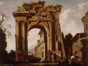 Architectural Capriccio, With The Arch Of Titus And The Figures Of Travellers — Jacob De Heusch