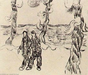 Two Men On A Road With Pine Trees — Vincent Willem Van Gogh