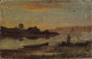 Untitled (landscape, Boat Moored Near Bank With Man Walking) — Edward Mitchell Bannister