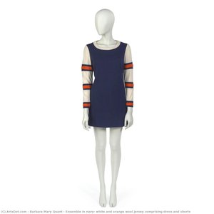 Ensemble In Navy, White And Orange Wool Jersey Comprising Dress And Shorts — Barbara Mary Quant