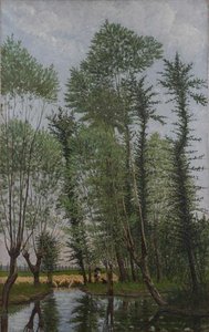 Berger Avec Son Troupeau, Au Bord De L'eau, Dans Une Peupleraie — Peulot Ernest