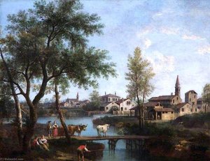 Landscape With Cows Crossing A Bridge Near A Town — Giovanni Battista Cimaroli