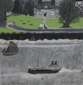 Two Boats Moving Past A Big House — Alfred Wallis